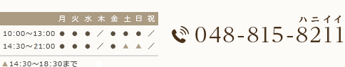 診療時間　10:00〜13:00　14:30〜21:00　TEL:048-815-8211 土日も診療 	平日夜9時まで診療